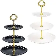 DACUAN Cake Stand for Afternoon Tea, 3 Tier Dessert Table Display Set Cupcake Tower, Cake Stand Gift Boxed, Reusable Food Serving Stand, Embossed Dessert Stand Treats Candy Station White and Black