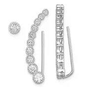 Sterling Silver Rh-Plated Polished & Textured Cz 1 Ear Climber Stud