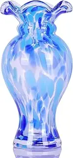 Hand Blown Glass Vase - Speckled Blue, Wide Mouth, Decorative Centerpiece for Office, Dining Table, Mantelpiece, Wedding Table