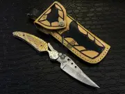 9" CUSTOM HAND MADE DAMASCUS STEEL FOLDING KNIFE ENGRAVING DEMESNE LEAF.US071
