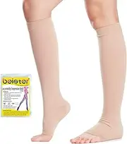 Beister Open Toe Knee High Calf Compression Socks for Women & Men, Firm 20-30 mmHg Graduated Support Hosiery for Varicose Veins, Edema, Flight, Pregnancy, Beige, X-Large
