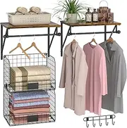Laundry Room Shelves Wall Mounted with Wire Baskets, Over the Washer and Dryer Shelf with Clothes Drying Rack, Wire Shelves Baskets for Laundry Closet Organization and Storage, Wood+Metal, Black