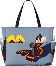 [Ghjkfbf] Beautiful Butterflies Print Large Capacity Beach Travel Bag For Family, Beach Tote Bag For Women With Zipper Pockets, Black, One Size