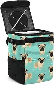 Car Trash Can with Lid,Bag Hanging Storage Pockets Leak-Proof,Portable Garbage Bin,Cartoon Pug Dog Pattern