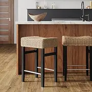 [Nathan James] Harvey Rattan Bar Stool, Bohemian Counter Height Stool with Woven Seagrass Seat, Solid Wood Legs, and Metal Footrest Seagrass/Brushed Black