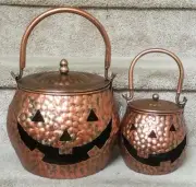 2 Stamped Metal Jack O'Lantern Pumpkin Cauldrons Candle Holders w/ Lids Copper
