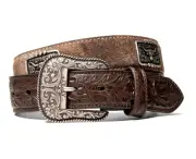 Ariat Western Mens Belt Leather Floral Tooled Longhorn Conchos Brown