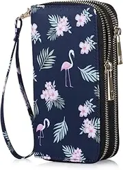 [HAWEE] Women's Long Clutches Purse Wrist Strap Purse Double Zip Wallet Mobile Phone Purse with Multiple Card Slots for Coins Cash Bill