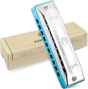 [CONJURER] Blues Harmonica key of G - 10 Holes Mouth Organ for Kids& Beginner, Blues Harp Children& Adults Diatonic Harmonica G, 1002G Silver Skyblau