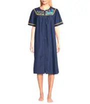 Go Softly Patio Dress Denim Muu Muu S Blue w/ Embroidered Peacock & Floral NWT