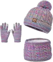 [BESTORI] Children's Winter Hat Scarf Gloves Set Warm Winter Beanie Hat with Pompom Fleece Lining Knitted Hat for Boys Girls 4-10 Years