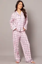 Pink Check PJ Set Jersey Long Leg Piping Pyjama - Size S, Women's Pj Set