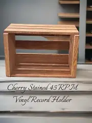 Cherry Stained Wooden 45 RPM Record Crate – Rustic Vinyl Storage Box for 7-Inch