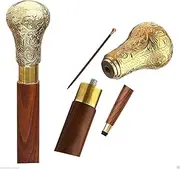 Sale - Walking Cane - 37” Vintage Round Brown Aluminium Walking Stick with Round Brass Handle. Walking Stick for Men and Women. Wooden Decorative Canes and Walking Sticks.