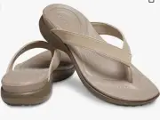 NIB Crocs Capri Beige Chai Walnut Leather 11 Nude Thong Flip Flops Sandals