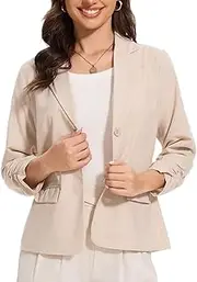 [YOUNIFIZ] Blazer for Women 3/4 Sleeve Ruched One Button 2025 Work Casual Lightweight Spring Summer Linen Jackets with Pockets