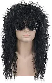 [karlery] 70s 80s Rocker Metal Mullet Wig - Mens Long Curly Black Party & Halloween Wig