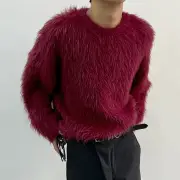 INCERUN Men's Solid Color Sweater Casual Comfy Oversized Faux Fur Long Sleeve Sweater Plus Size Crew Neck Pullover Sweat
