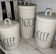 Rae Dunn “ENJOY” & “KEEP” Canister Set Ivory ~3 Pc Set~ Keepsakes &Trinkets ~New