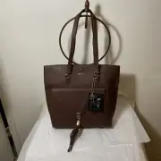 Big Buddha Large Tote & Tasseled Clutch Set W/ Bag Charm Brown Faux Leather NWT