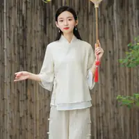 在飛比找Very buy優惠-中國風禪意漢服茶人服禪修服茶藝服裝女復古套裝棉麻佛系衣服秋季