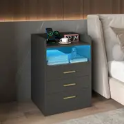 Advwin Set of 2 BedSide Table LED RGB 3 Drawers Nightstand With Charging Station and USB Port Black