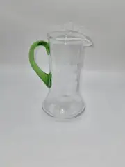 French Art Glass Mouth Blown Crystal Pitcher Green Handle Grape Etched Design