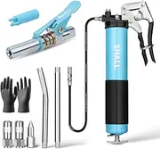 Shall Grease Gun, 7000 PSI Heavy Duty Pistol Grip Grease Gun Kit w/Grease Gun Coupler, 18” Spring Flex Hose, Reinforced Coupler, 2 Extension Rigid Pipe, Sharp Nozzle, Fittings Cleaner | 14oz Load