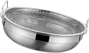 Perfk Fried Food Container Frying Drainer Net, Stainless Steel Multi Functional with Handles Mesh Drain Pan for Barbecue Grill Home, L
