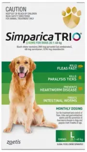 SIMPARICA TRIO for Dogs 20.1 to 40 Kg Green Pack Heartworm Flea Control 6 Chews