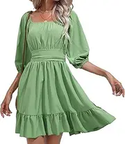 [Generic] Women's Square Neck Waist Tie Dress Backless Ruffle Short A-Line Dress Sexy Swing Mini Dresses