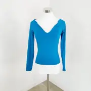 Kookai Top Womens Size 1 AU 10 Diva Blue Coby V-Neck Long Sleeve Seamless New
