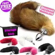 Stainless Steel ANAL BUTT PLUG Faux Fur Fox Cat Tail Metal Sex Toy White Pink