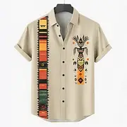 Men's Linen Shirt Summer Shirt Beach Wear Button Up Shirt Tribal Vacation Casual Blue Green Khaki Short Sleeve Turndown Summer Spring Clothing Apparel