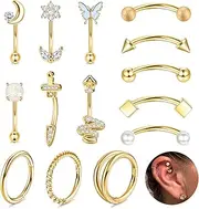 [ORAZIO] 14 PCS Rook Piercing Jewelry Surgical Steel Eyebrow Piercing 16G Rook Earrings for Women Curved Barbells Eyebrow Rings Belly Lip Ring Cartilage Daith Helix Tragus Body Piercings