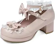 [FEBSDHSMI] Women's Kawaii Shoes Pearl Heels Pretty Ankle Strap Mary Jane Wedding Shoes, pink, 38 EU
