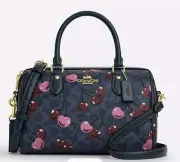 NWT COACH Rowan Satchel Signature Canvas Bag With Cherry Print (Denim Pink)