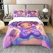Feelyou Black Girl Bedding Set Twin(No Comforter) Kids Dreamy Comforter Cover Set for Boys Girls Teens Music Duvet Cover 100% Cotton Purple Bedspread Cover Room Decor Cute Quilt Cover, No Comforter