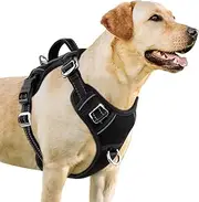 BARKBAY No Pull Dog Harness 3 Buckles Large Reflective Dog Harness with Front Clip and Easy Control Handle for Walking Training Running with ID tag Pocket(Black,XL)