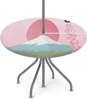 Red Sun And Mount Fuji Round Elastic Edge Table Cover Fit 45-56 inJapanese Style Waterproof Zipper Round Tables Cloth with Umbrella hole for Picnic Camping Dining Indoor and Outdoor Use