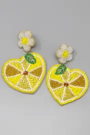 Lemon Heart Seed Bead Drop Earrings