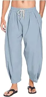 [Generic] Mens Cotton Linen Harem Pants Lightweight Loose Drawstring Casual Cropped Beach Yoga Trousers with Pockets