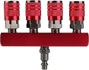 Hromee 4-Way Straight Air Manifold 5 Ports Aluminum Industrial Pneumatic Air Compressor Quick Connect Socket in Line Type Air Hose Splitter with 4 Couplers and 1/4" Male NPT Plug
