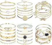 [Sanfenly] 32 PCS Boho Gold Chain Bracelets Jewelry Set Set for Women Multiple Layered Stackable Open Cuff Wrap Silver Bangle Adjustable Fashion Paperclip Link Cuban Beaded Bracelets jewelry set Jewelry for Girl gift