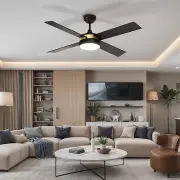 52" Modern Black Ceiling Fan with Adjustable Lights & Remote Control Reversible