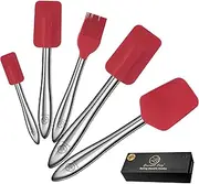 5pcs Silicone Spatula Set with Stainless Steel Handle, Silicone Spatulas for Cooking & Baking with Spoonula & Silicone Brush Heat Resistant, Silicone Kitchen Spatula for Nonstick Cookware (Red)