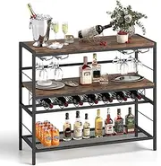 Giantex 4-Tier Freestanding Wine Rack, 104 cm Wine Bar Table w/Wine Storage & 4 Rows of Glass Holders, 7 Bottles & 16 Glasses, Modern Wine Bottle Holder for Kitchen, Living Room, Rustic Brown