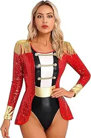 [Rswnyirn] Womens Sequin Circus Ringmaster Outfit Dance Leotard Fringe Epaulette Bodysuit Costumes