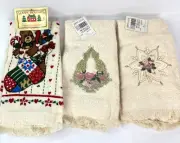 Vintage Victorian Fingertip Towels NOS Floral Fringe Candle + Christmas Bear