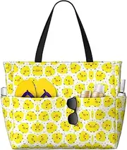 [Ghjkfbf] Yellow Chicken Print Large Capacity Beach Travel Bag For Family, Beach Tote Bag For Women With Zipper Pockets, Black, One Size